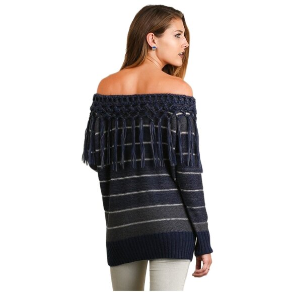 NWT Umgee Comfy Blue Striped Fringed Bohemian Off Shoulder Cotton Sweater - Picture 3 of 6